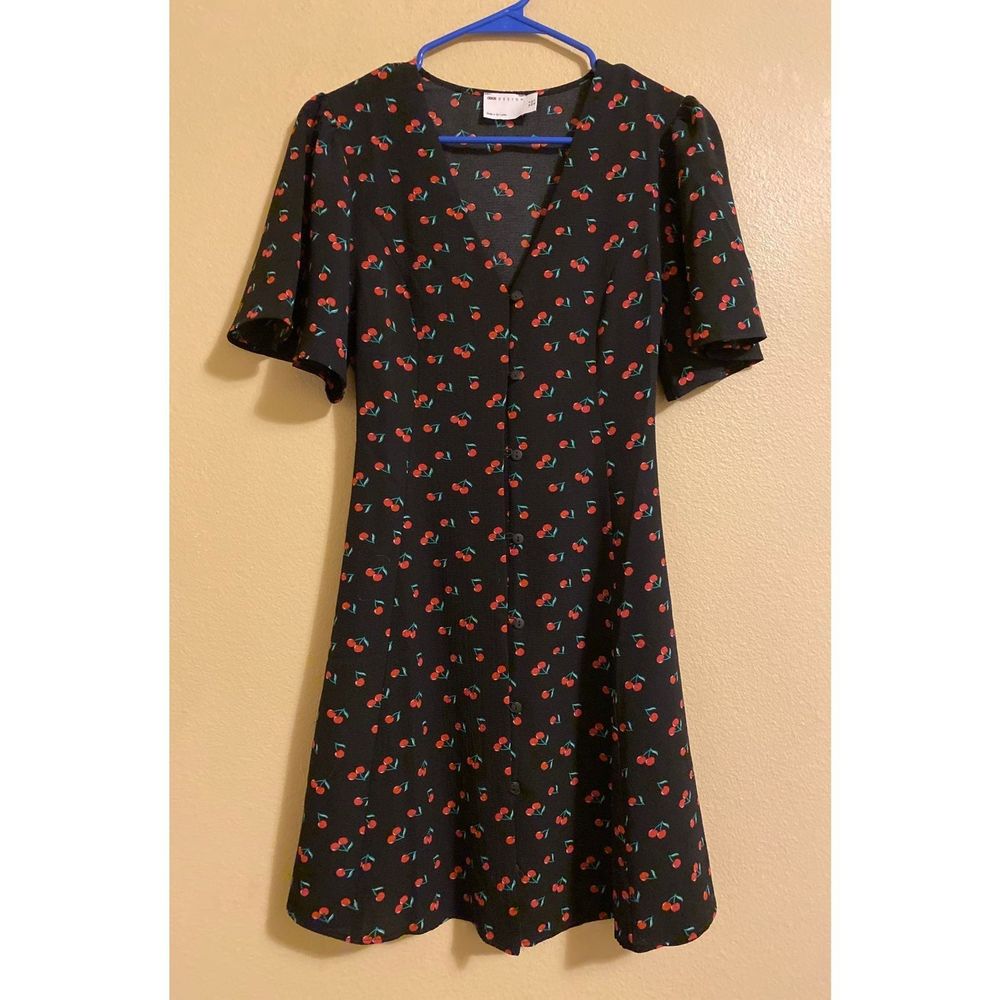 ASOS Cherry button Dress short sleeve, black, size small 4, new